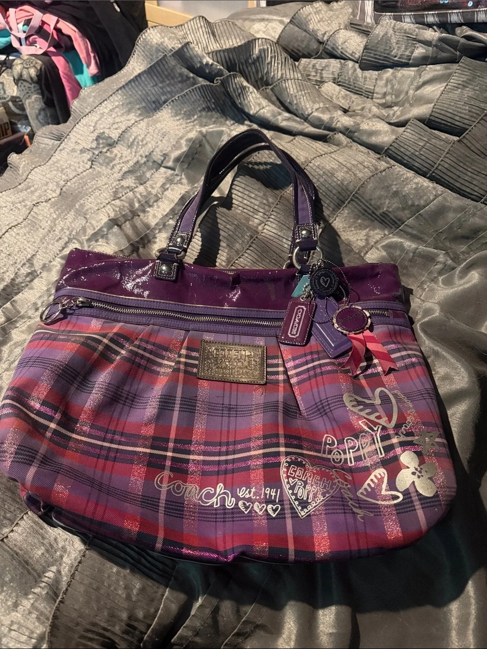 Coach Poppy Canvas Graffiti Tartan Tote 2010s rare print Purple plaid